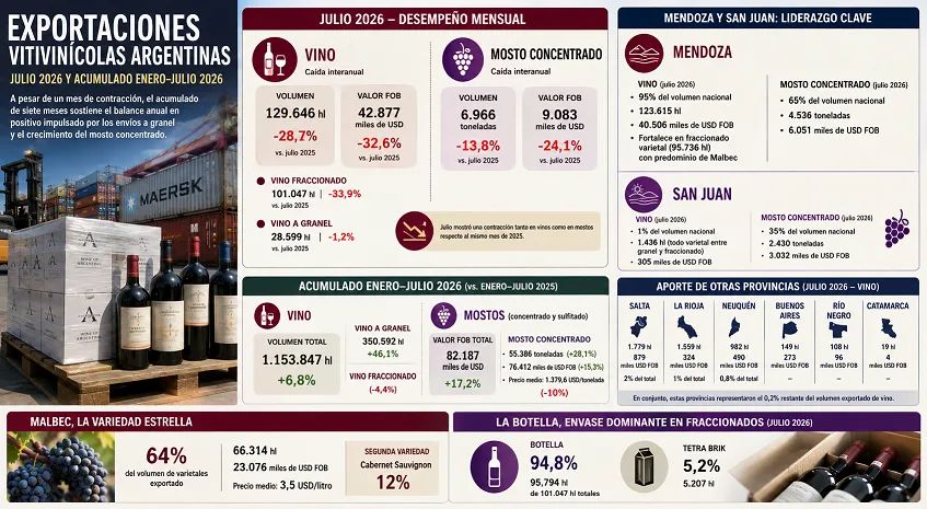 Argentine wine exports fall 28.7% in July as seven-month volume remains higher