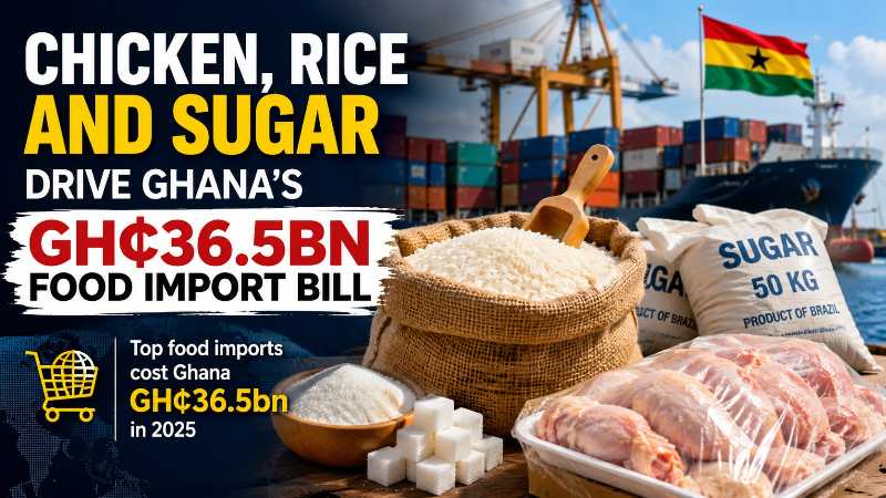 Ghana's food import bill reached GH¢36.46 billion in 2025, led by cereals and frozen chicken