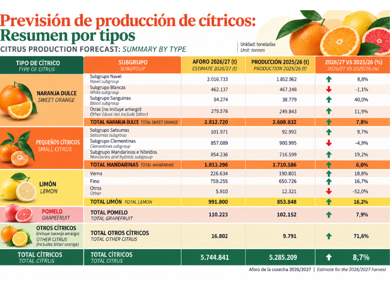 España prevé 5,74 millones de toneladas de cítricos en 2026/27, un 1,1% más