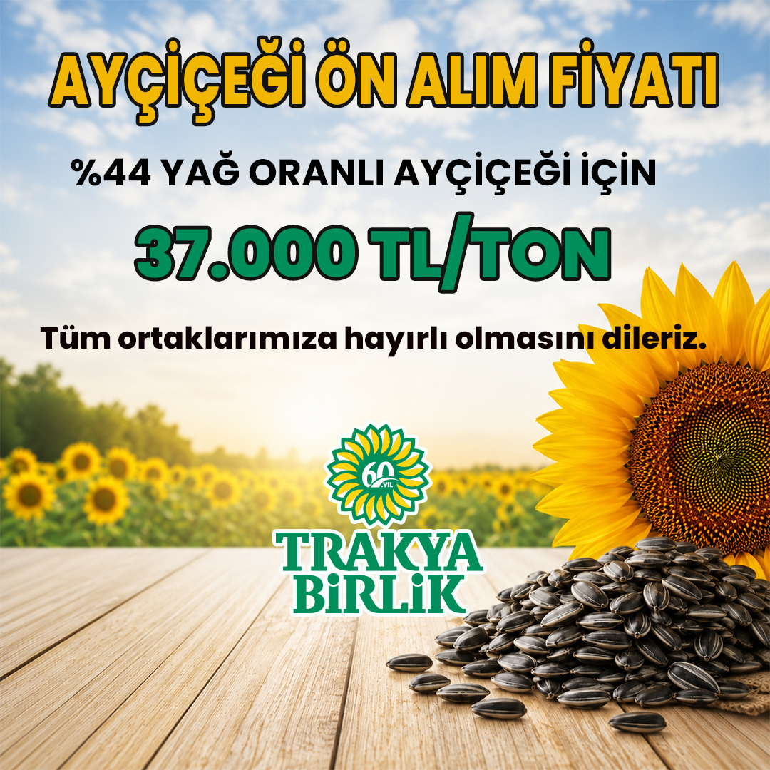 Trakya Birlik将2026/27季葵花籽预购价定为每吨37,000里拉